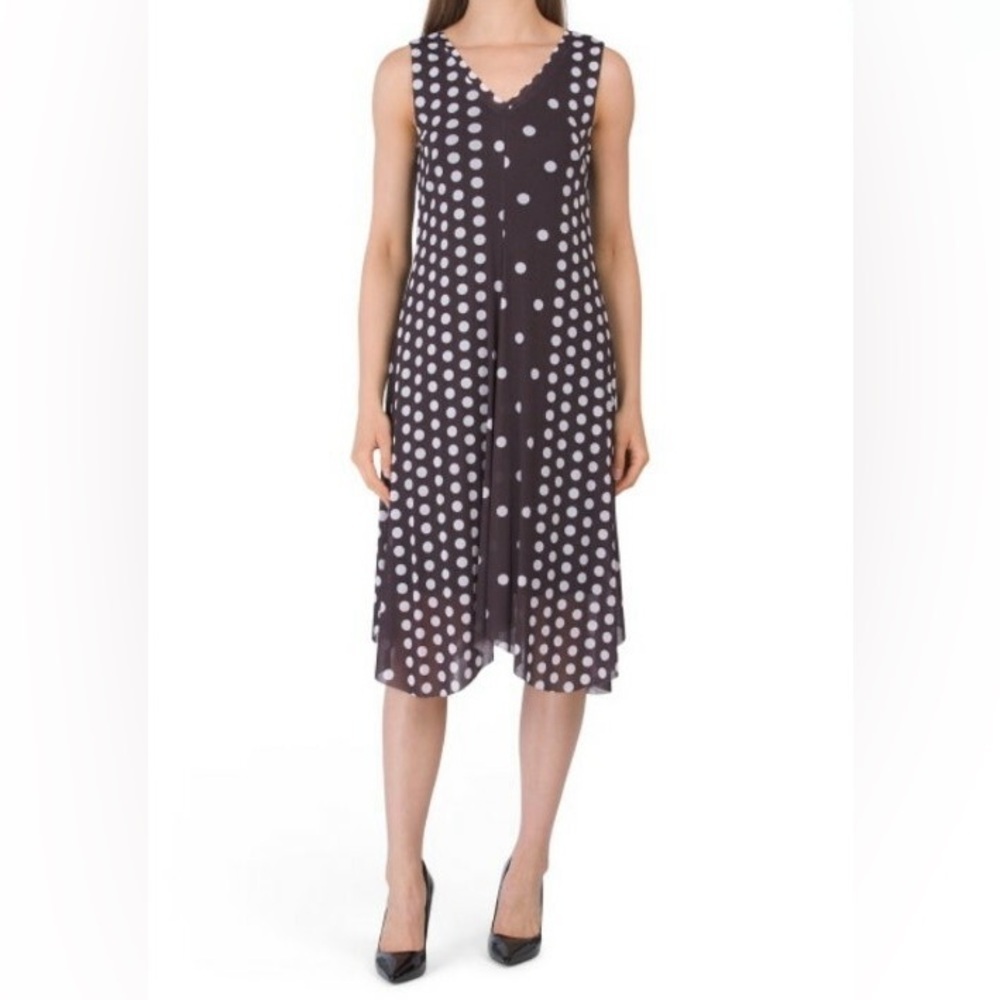 Tahari - Brown White Polka Dot Printed Lined V Neck Sleeveless Dress Size Large